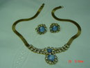 Gold Necklace & Screwback Earrings with Blue Moonstones & Clear Rhinestones
