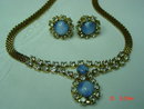 Gold Necklace & Screwback Earrings with Blue Moonstones & Clear Rhinestones
