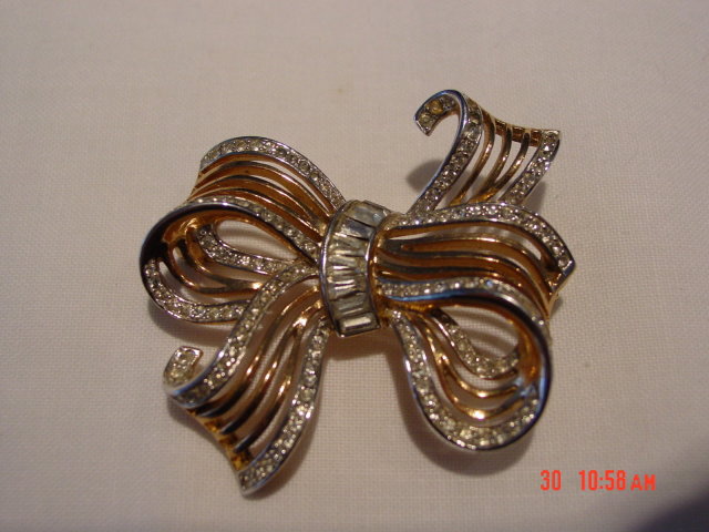 Crown Trifari Gold Silver Rhinestone Bow Brooch Pin