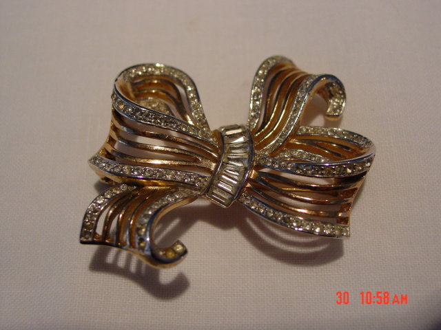 Crown Trifari Gold Silver Rhinestone Bow Brooch Pin