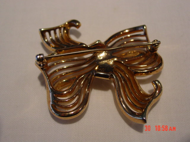 Crown Trifari Gold Silver Rhinestone Bow Brooch Pin