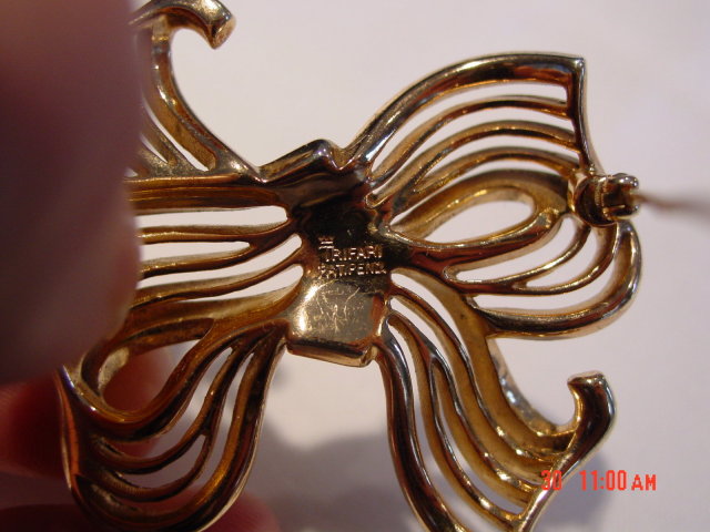 Crown Trifari Gold Silver Rhinestone Bow Brooch Pin