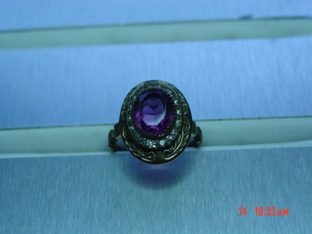 Vintage Detailed Brass Ring Amethyst Colored & Clear Rhinestones