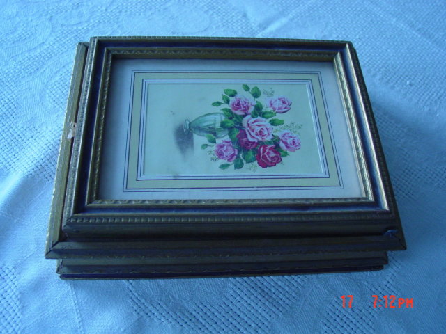 Gold Painted Wood Framed Rose Picture Jewelry Dresser Box