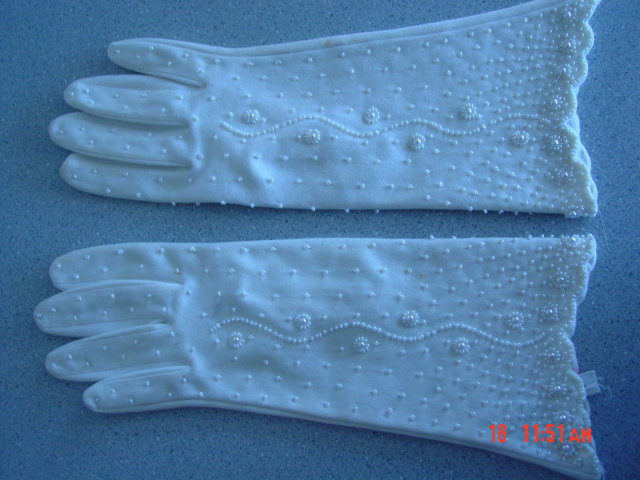 White Cotton Pearl Beaded Gloves by Invicta of Miami