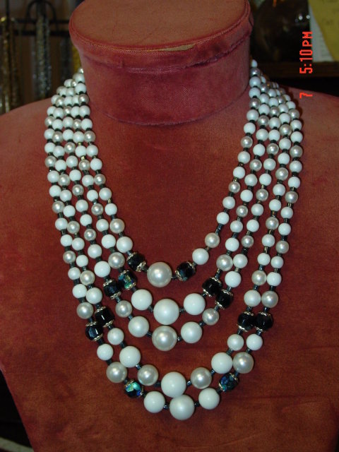 Vintage Japan 5 Strand Imitation Pearl & Black AB Rhinestone Necklace