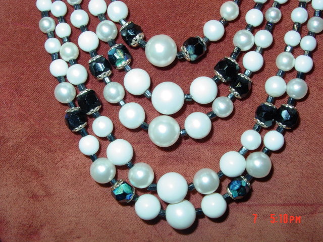 Vintage Japan 5 Strand Imitation Pearl & Black AB Rhinestone Necklace