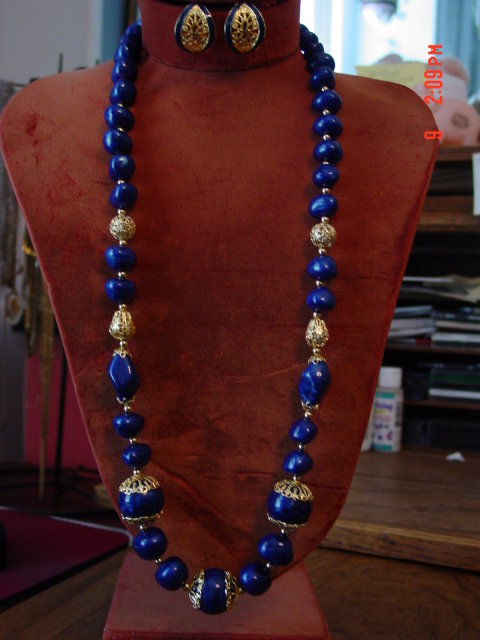 Trifari Navy & Gold Bead Necklace & Navy Enamel Clip Earrings Set
