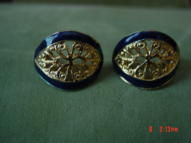 Trifari Navy & Gold Bead Necklace & Navy Enamel Clip Earrings Set