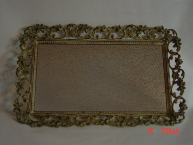 Vintage Ivory Washed Gold Repousse Mirror Vanity Perfume Tray