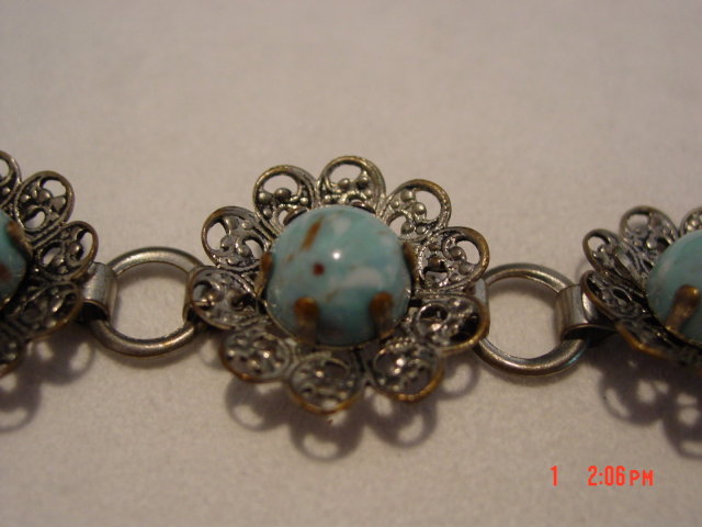 Vintage Silvertone Filigree Flower Bracelet with Pale Turquoise Colored Beads
