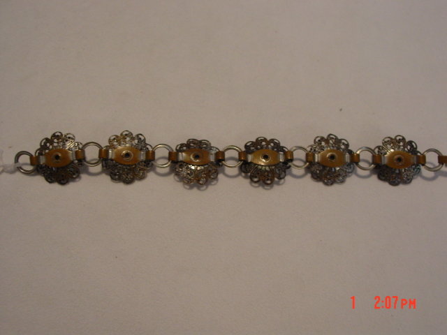Vintage Silvertone Filigree Flower Bracelet with Pale Turquoise Colored Beads