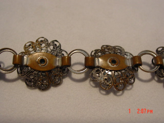 Vintage Silvertone Filigree Flower Bracelet with Pale Turquoise Colored Beads
