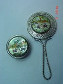 Vintage Asian Silver Hand Painted Mother of Pearl Inlay Small Hand Mirror & Mirror Pill Box