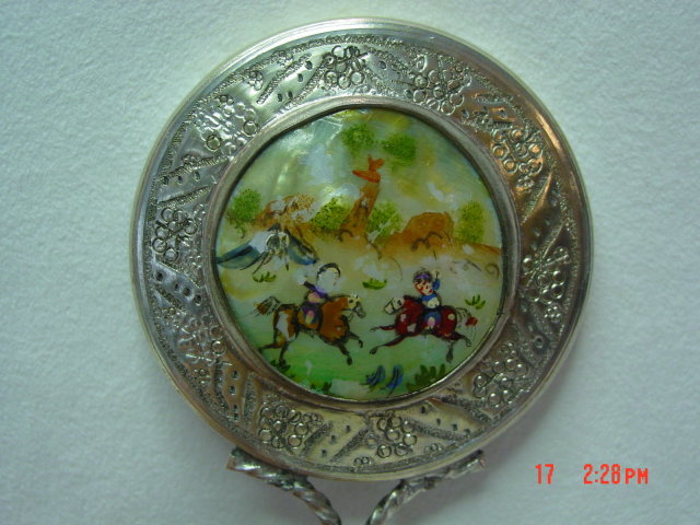 Vintage Asian Silver Hand Painted Mother of Pearl Inlay Small Hand Mirror & Mirror Pill Box