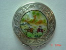 Vintage Asian Silver Hand Painted Mother of Pearl Inlay Small Hand Mirror & Mirror Pill Box