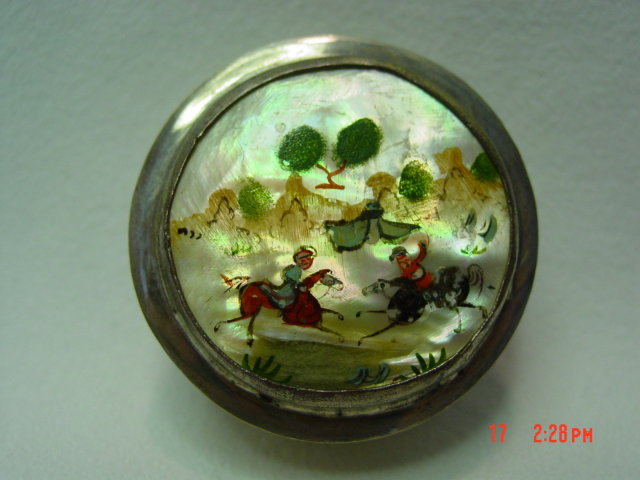 Vintage Asian Silver Hand Painted Mother of Pearl Inlay Small Hand Mirror & Mirror Pill Box