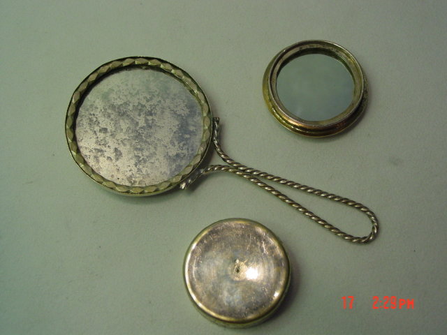 Vintage Asian Silver Hand Painted Mother of Pearl Inlay Small Hand Mirror & Mirror Pill Box
