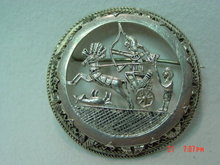 Round Egyptian Silver Chariot Hunting Scene Brooch Pin