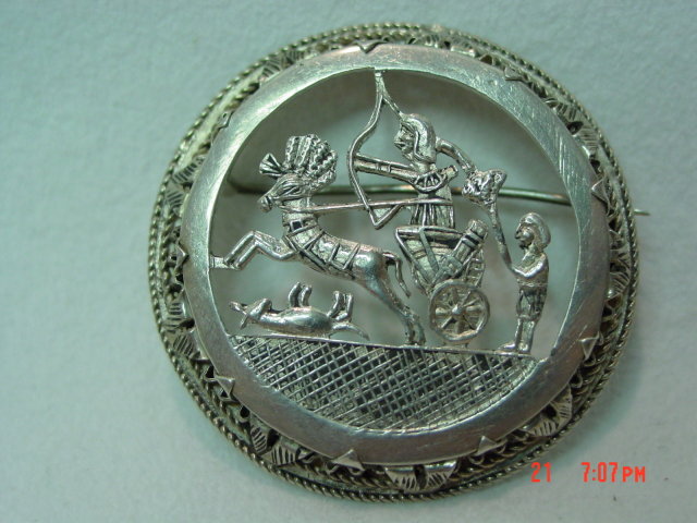 Round Egyptian Silver Chariot Hunting Scene Brooch Pin