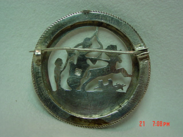 Round Egyptian Silver Chariot Hunting Scene Brooch Pin