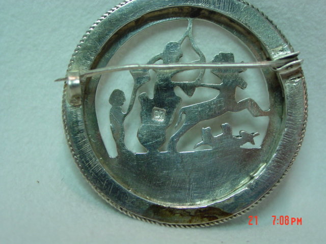 Round Egyptian Silver Chariot Hunting Scene Brooch Pin