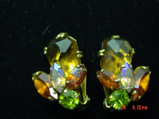 Weiss Rhinestone Clip Earrings - Fall Colors!