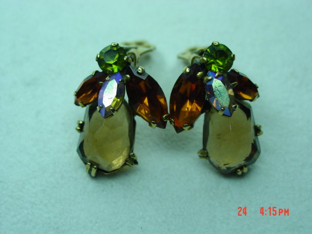 Weiss Rhinestone Clip Earrings - Fall Colors!