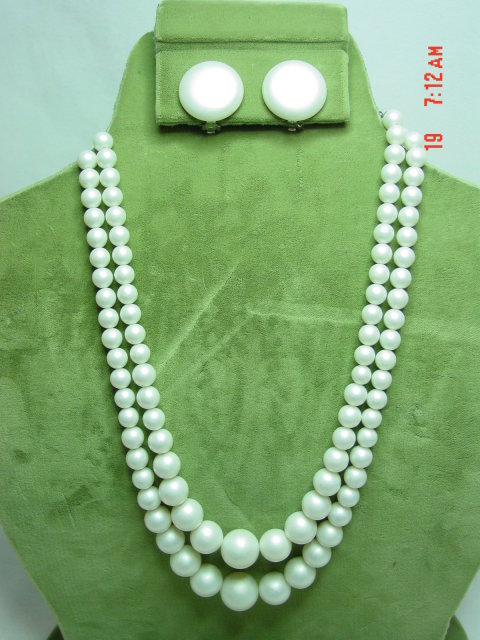 Two Strand Japan White Satin Beaded Necklace & Clip Earrings