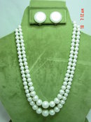 Two Strand Japan White Satin Beaded Necklace & Clip Earrings