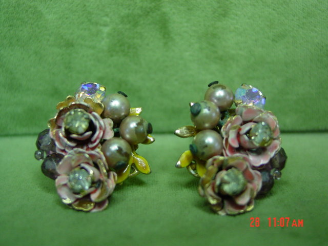 Vintage Robert Faux Pearl Enamel Rose Clip Earrings