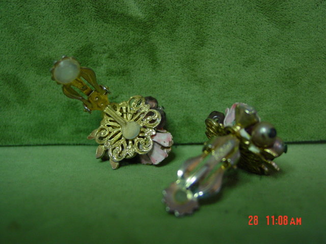 Vintage Robert Faux Pearl Enamel Rose Clip Earrings