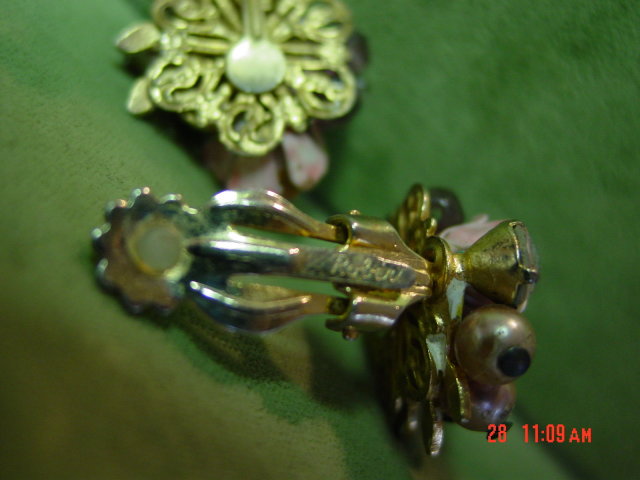 Vintage Robert Faux Pearl Enamel Rose Clip Earrings