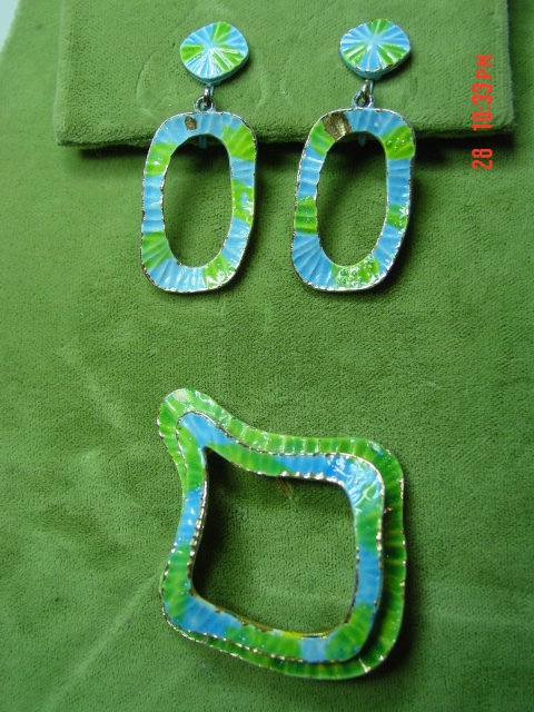Vintage '60's Blue & Green Enamel Clip Earrings & Brooch Pin Signed ART