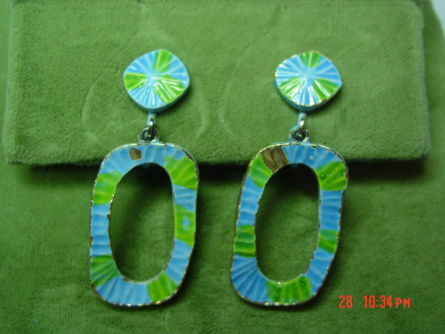Vintage '60's Blue & Green Enamel Clip Earrings & Brooch Pin Signed ART