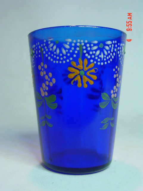 Antique Victorian Cobalt Blue Enamel Painted Lemonade or Water Glass Tumbler
