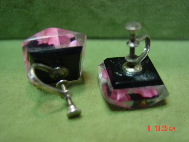 Vintage Reverse Carved Lucite Pink Orchid Screwback Earrings