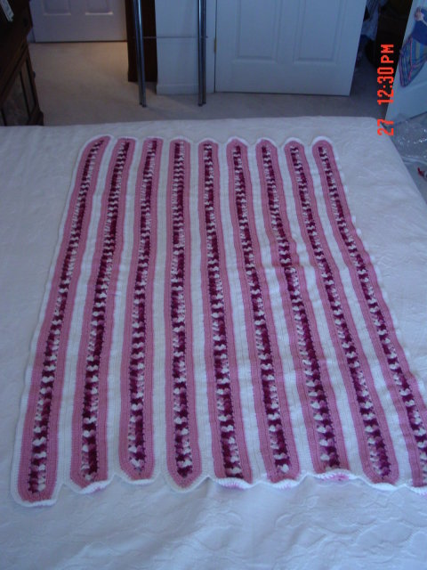 Burgundy Pink & White Crocheted Afghan Throw