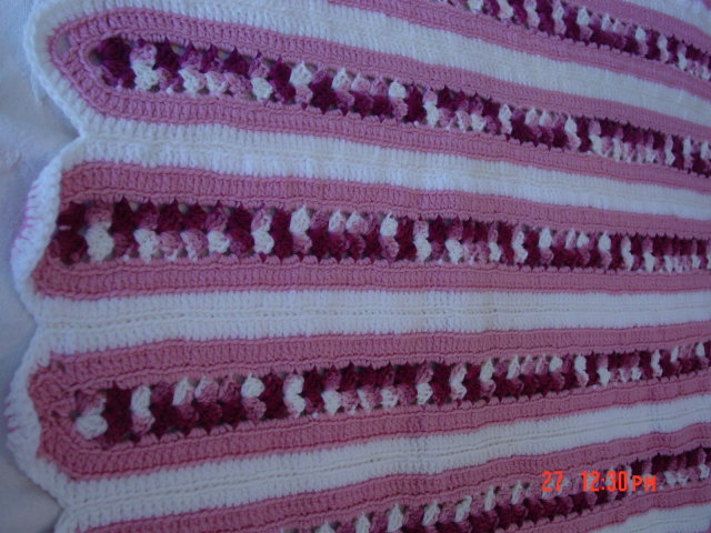 Burgundy Pink & White Crocheted Afghan Throw