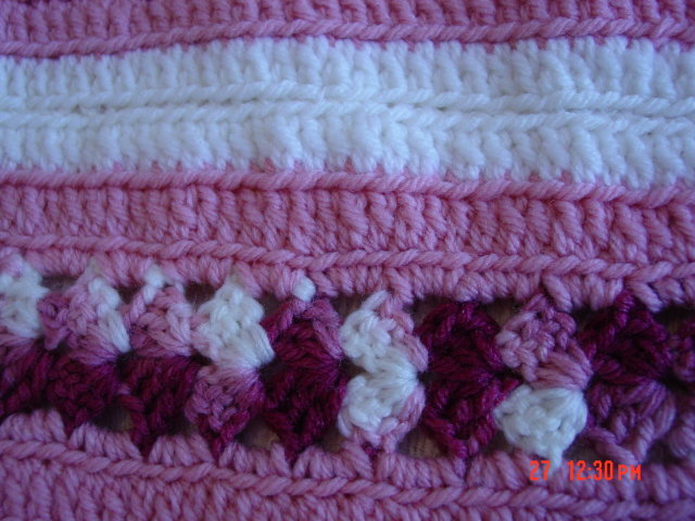 Burgundy Pink & White Crocheted Afghan Throw