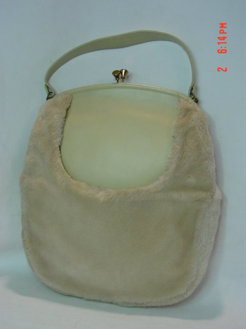 Vintage 1950's Cream Faux Fur & Vinyl Purse Handbag by Mel-Ton