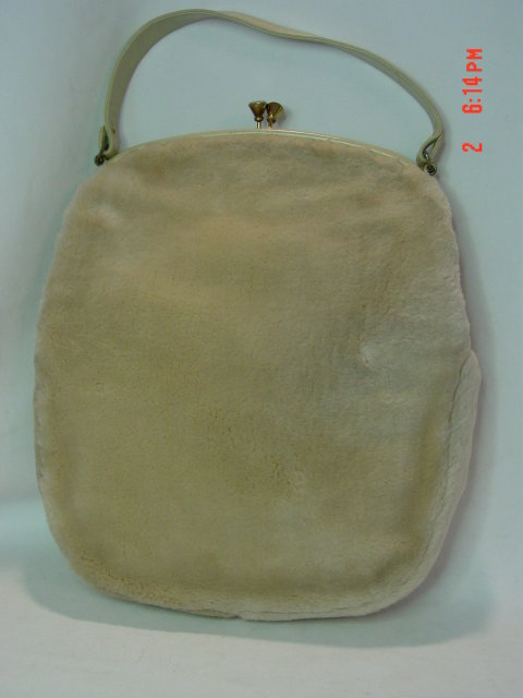 Vintage 1950's Cream Faux Fur & Vinyl Purse Handbag by Mel-Ton