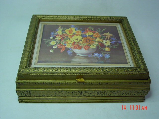 Gold Painted Wood Frame Floral Picture Jewelry Dresser Box