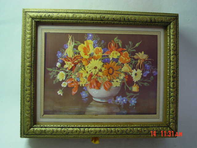 Gold Painted Wood Frame Floral Picture Jewelry Dresser Box