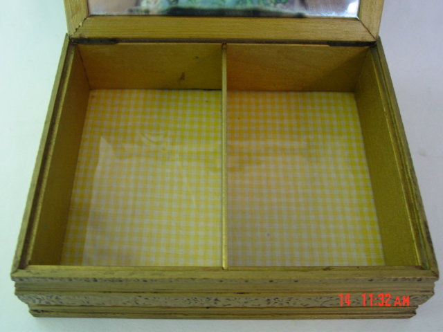 Gold Painted Wood Frame Floral Picture Jewelry Dresser Box