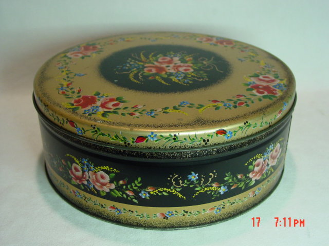 Vintage Lithograph Toleware Floral Round Tin Container