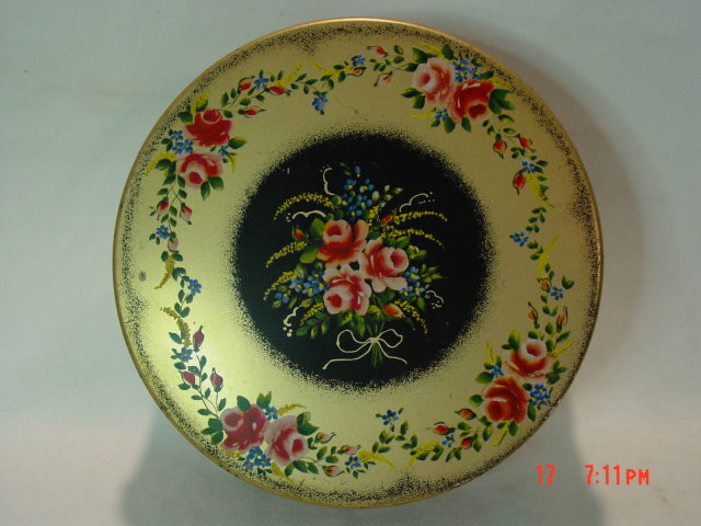 Vintage Lithograph Toleware Floral Round Tin Container