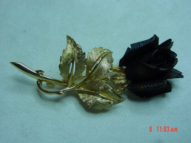 Gold Boucher Black Rose Brooch Pin