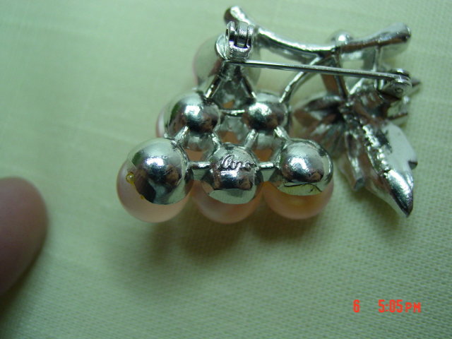 Coro Silvertone Pink Lucite Moonglow Thermoset Grape Cluster & Rhinestone Brooch Pin