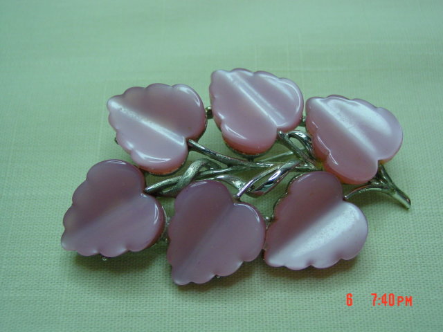Coro Pink Moonglow Thermoset Lucite Leaves Pin Brooch
